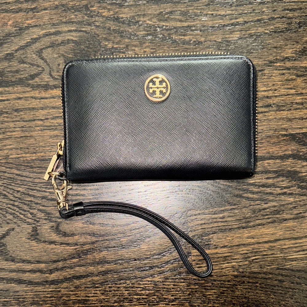 Tory Burch Black Wristlet with Gold Accents